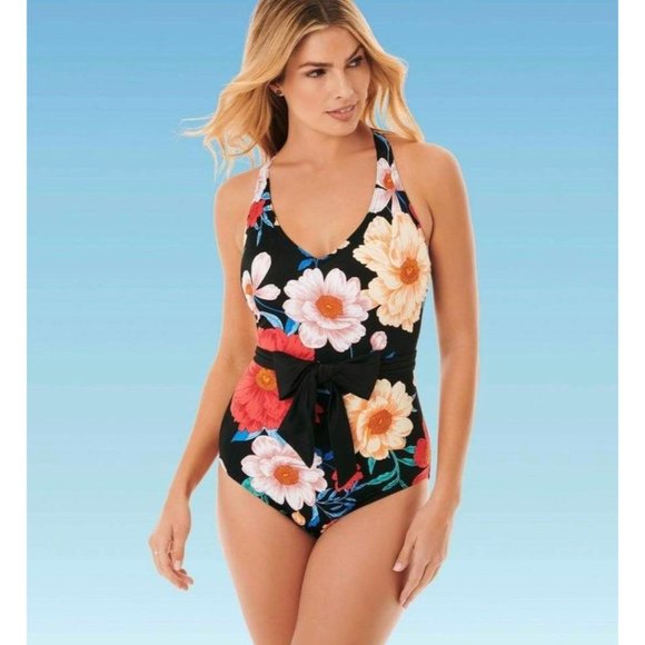 Miracle Brands Black Floral Swimsuit NWT Sz 8 - Picture 1 of 9